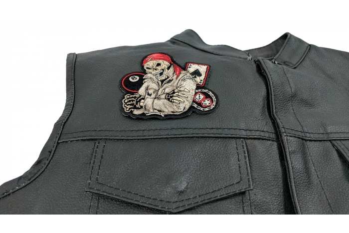 Biker Skull Dice 8 Ball and Ace of Spades Patch, Biker Skull Patches shown on leather vest