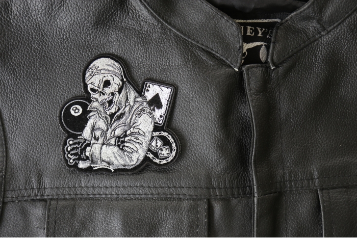 Biker Life Skull 8 Ball Aces and Dice Patch, Biker Skull Patches shown on leather vest