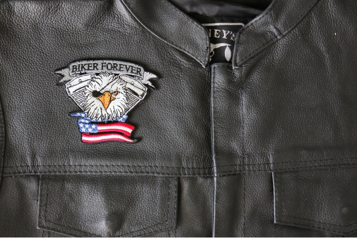 Biker Forever Eagle Eye Patch, Biker Patches shown on leather vest