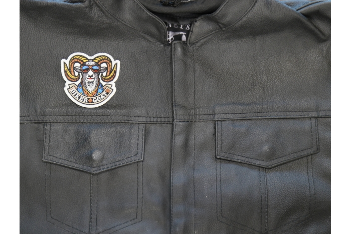 Biker Goat Patch shown on leather vest