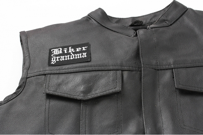 Biker Grandma Patch, Biker Saying Patches shown on leather vest