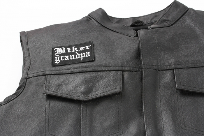 Biker Grandpa Patch, Biker Saying Patches shown on leather vest