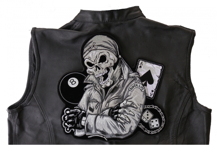 Biker Life 8 Ball Ace of Spades Skull Patch, Large Skull Patches for Biker Jackets shown on leather vest