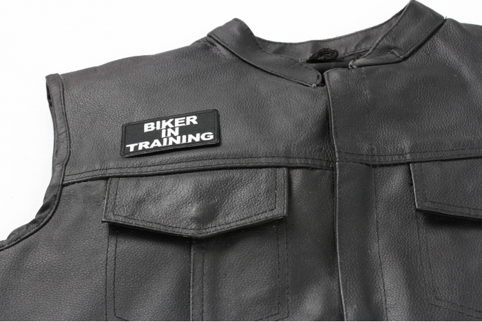 Biker In Training Patch, Biker Saying Patches shown on leather vest