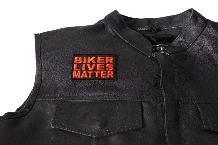 Biker Lives Matter Patch, Biker Saying Patches shown on leather vest
