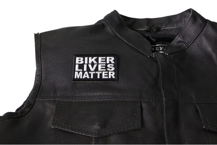 Biker Lives Matter Patch, Biker Saying Patches shown on leather vest
