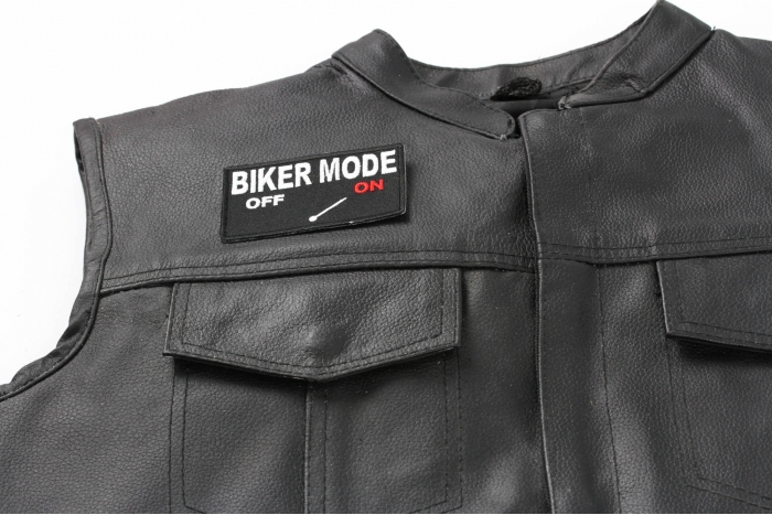 Biker Mode On Patch - 3.5x2 inch. Embroidered Iron on Patch shown on leather vest