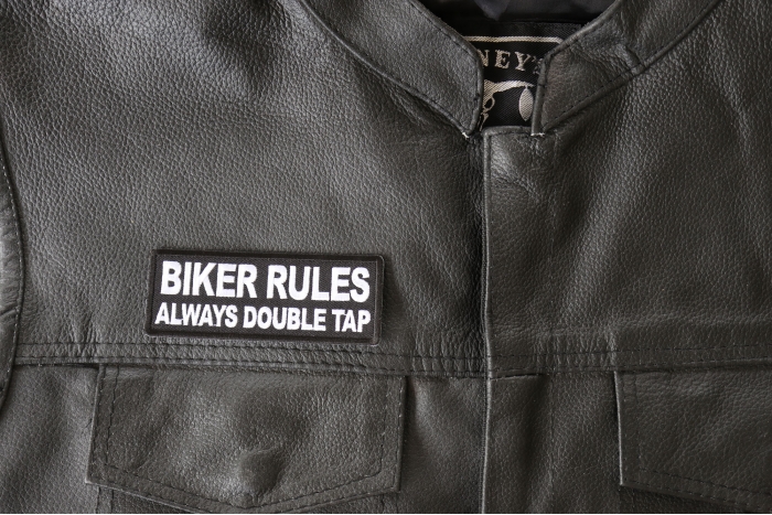 Biker Rules Always Double Tap Patch, Biker Saying Patches shown on leather vest