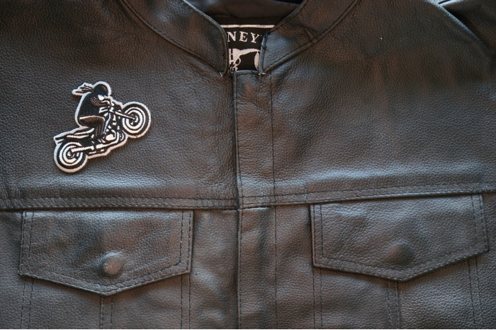 Motorcycle Jacket/Vest Embroidered Biker Patch - Biker Wheeley Patch shown on leather vest