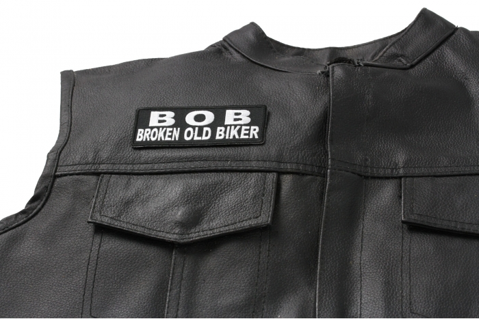 BOB Broken Old Biker Patch, Biker Saying Patches shown on leather vest