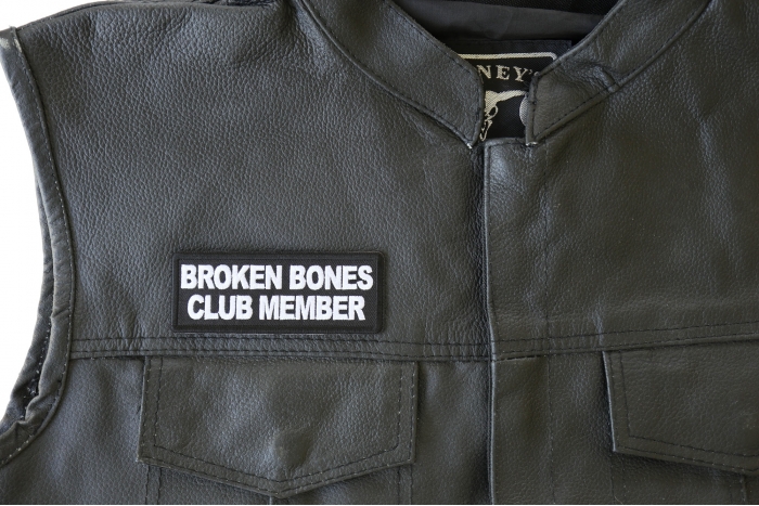 Broken Bones Club Member Patch, Biker Saying Patches shown on leather vest