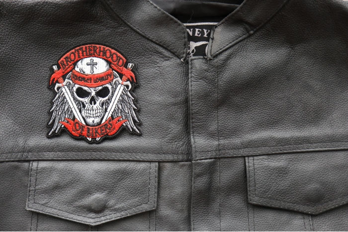 Brotherhood of Bikers Respect and Loyalty Skull and Swords Patch, Biker Skull Patches shown on leather vest