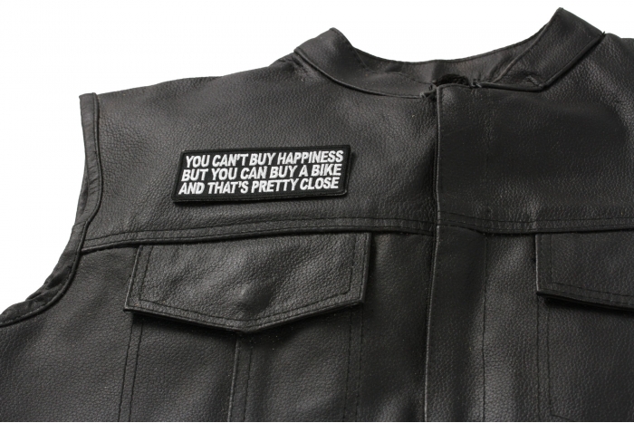 You Can't Buy Happiness But You Can Buy A Bike and That's Close Patch, Biker Saying Patches shown on leather vest