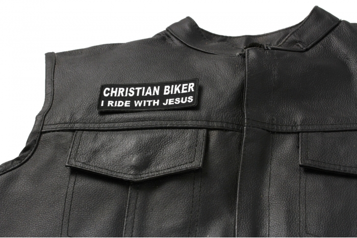 Christian Biker I Ride With Jesus Patch, Biker Saying Patches shown on leather vest