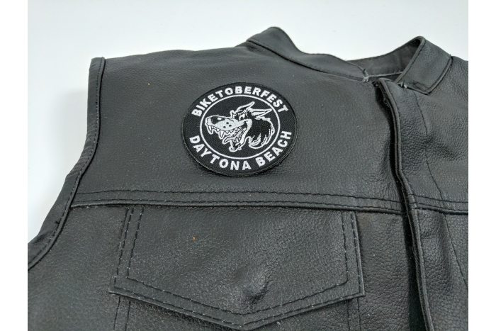 Daytona Biketoberfest Wolf Patch - Iron on Patch - 3x3 inch shown on leather vest