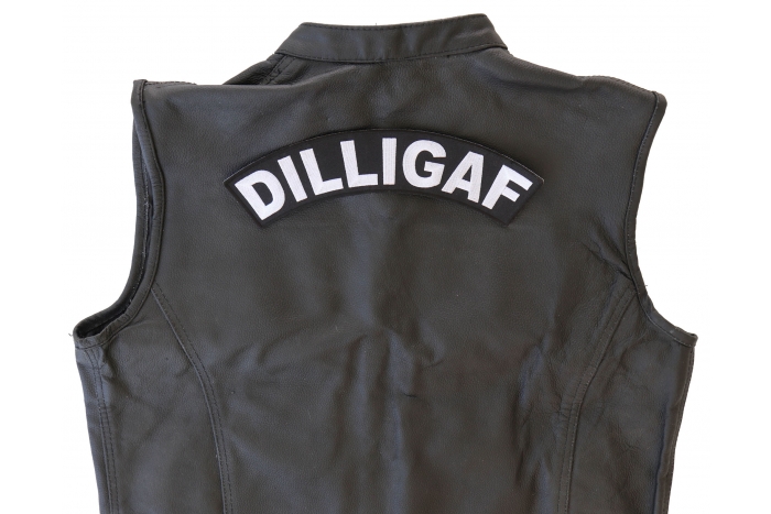 Dilligaf Rocker Patch, Large Back Patches shown on leather vest
