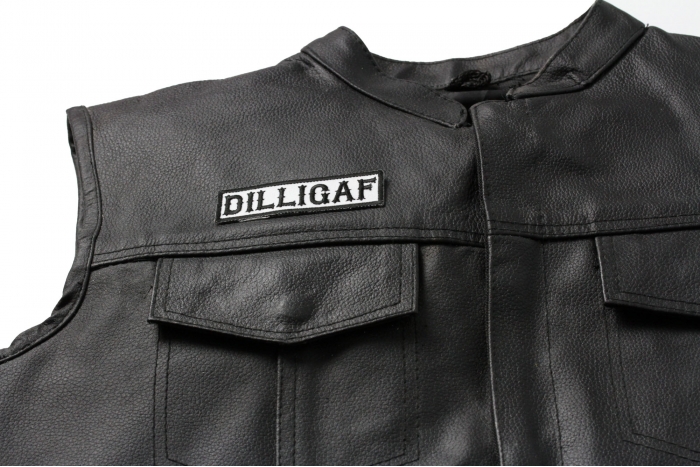 DILLIGAF Patch, Biker Saying Patches shown on leather vest