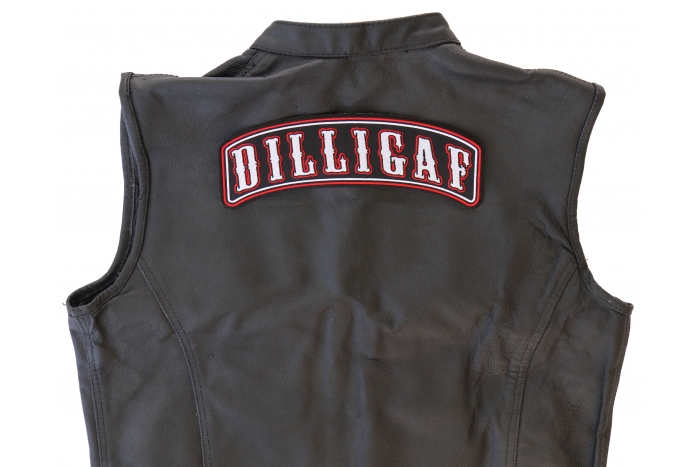 DILLIGAF Patch, Large Back Patches shown on leather vest