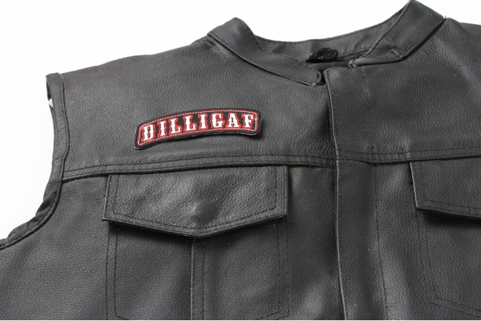Dilligaf Patch, Biker Saying Patches shown on leather vest