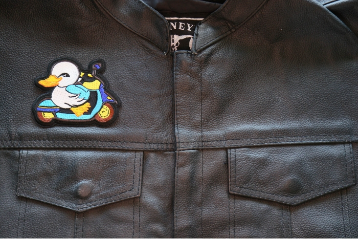 Duck Rider Patch, Biker Vest Patches, Sew or Iron on Patch shown on leather vest