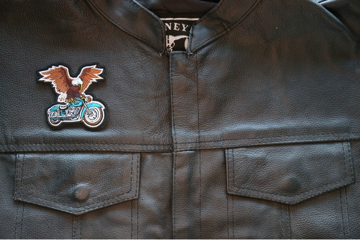 Motorcycle Jacket/Vest Embroidered Biker Patch - Eagle Riding Motorcycle Patch shown on leather vest