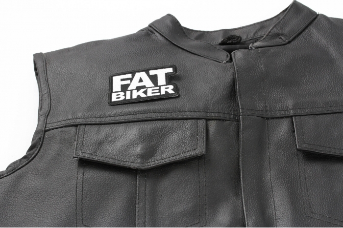 Fat Biker Patch, Biker Saying Patches shown on leather vest
