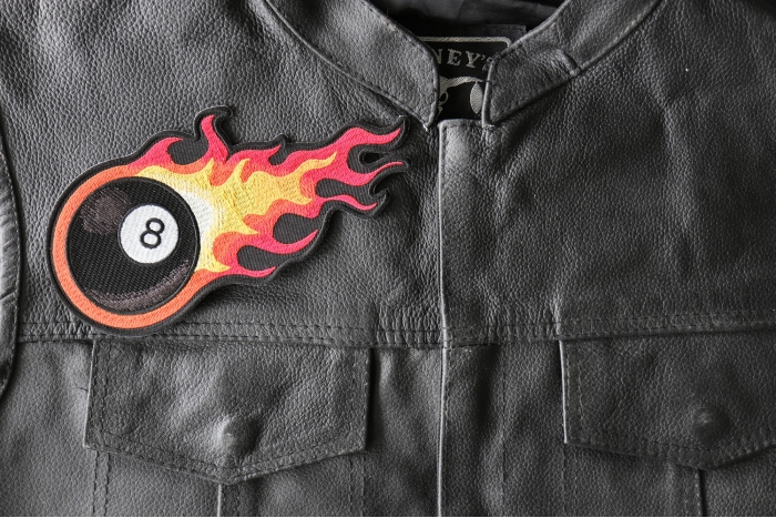8 Ball Flames Patch for Jackets shown on leather vest
