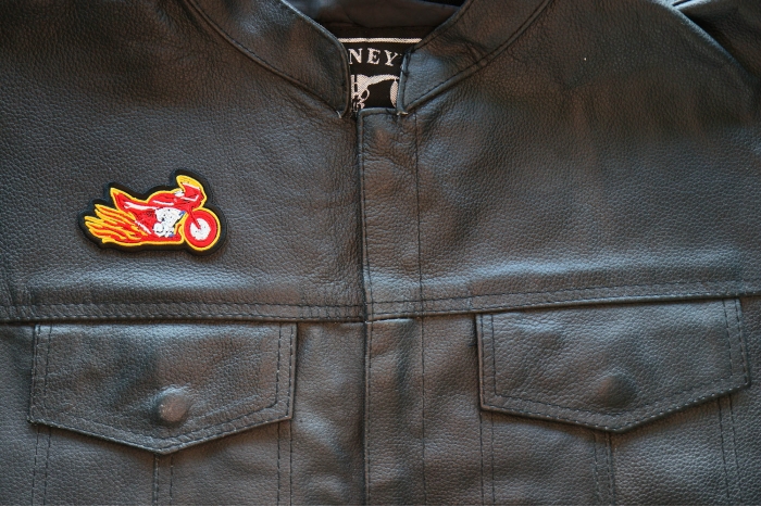 Motorcycle Jacket/Vest Embroidered Biker Patch - Flaming Crotch Rocket Motorcycle Patch shown on leather vest