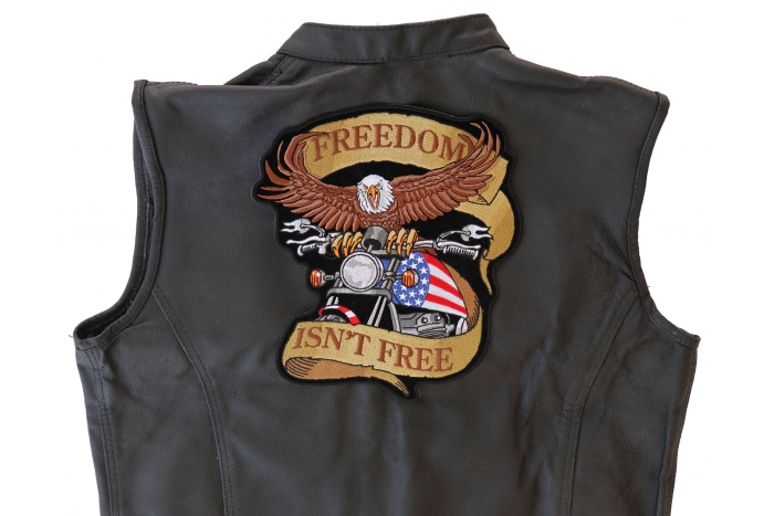 Eagle on Motorcycle Freedom Isn't Free Patch, Large Biker Back Patches for Leather Vests shown on leather vest
