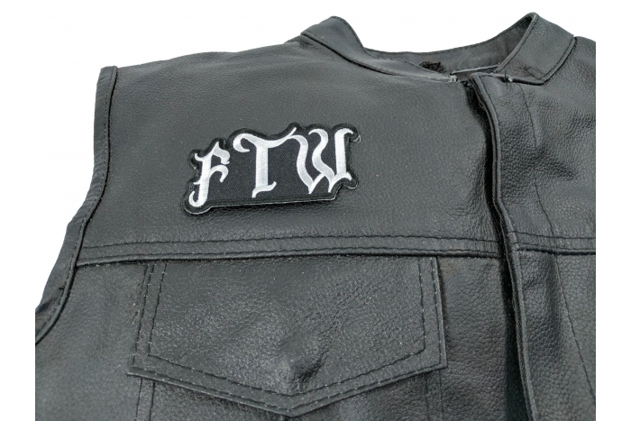 FTW Patch, Biker Saying Patches shown on leather vest