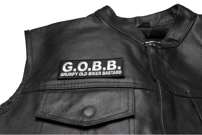 GOBB Grumpy Old Biker Bastard Patch, Biker Saying Patches shown on leather vest