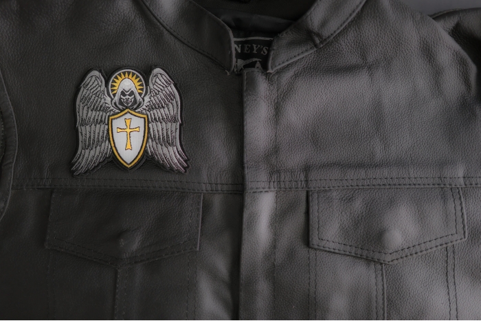 Guardian Angel Biker Patch shown on leather vest