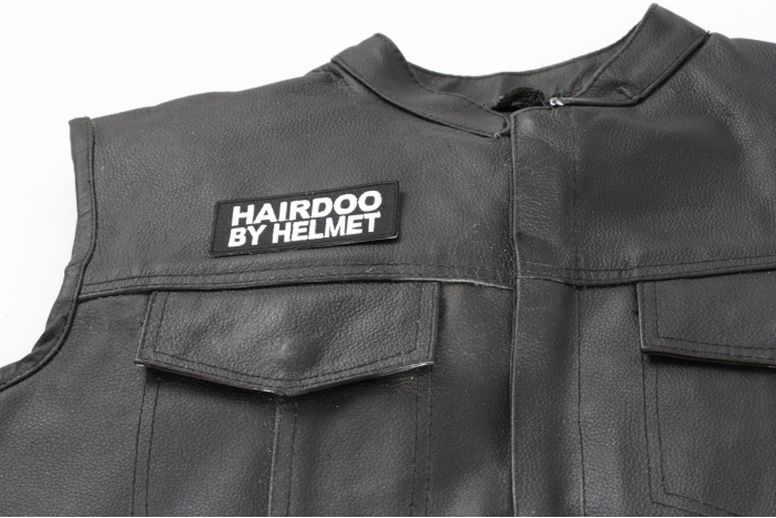 Hairdoo By Helmet Patch, Biker Saying Patches shown on leather vest