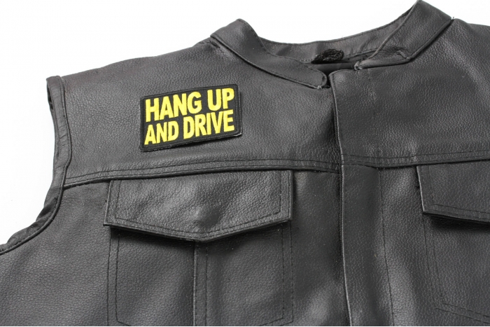 Hang Up and Drive Patch, Biker Saying Patches shown on leather vest