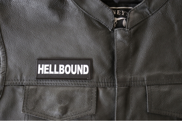 Hellbound Patch, Biker Saying Patches shown on leather vest