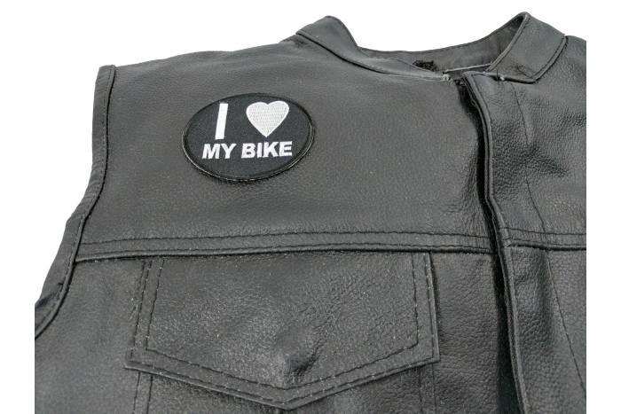 I Love My Bike Patch For Bikers - Iron on Patch - 2.75x2.25 in shown on leather vest