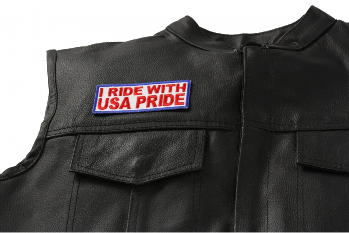 I Ride With USA Pride Patch, Biker Saying Patches shown on leather vest