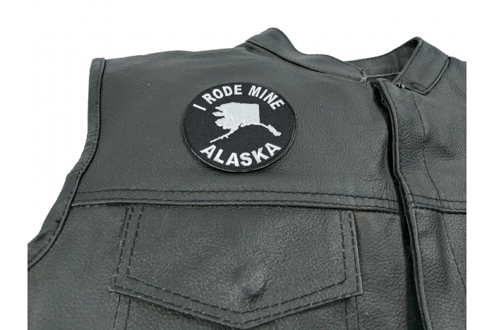 I Rode Mine To Alaska Biker Patch, Biker Patches shown on leather vest