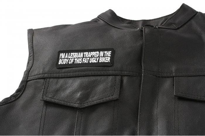 I'm A Lesbian Trapped In This Body Patch, Biker Saying Patches shown on leather vest