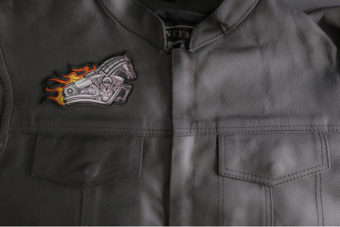Iron Horse Motorcycle with Flames Biker Patch shown on leather vest