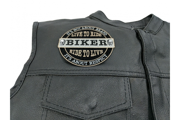 Live To Ride Ride to Live Biker Patch, Biker Skull Patches shown on leather vest