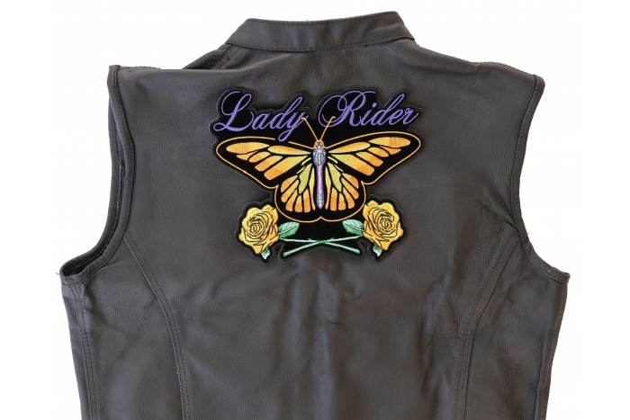Butterfly Roses Lady Rider Patch, Large Biker Back Patches for Leather Vests shown on leather vest