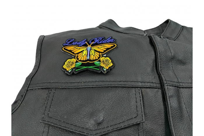 Lady Rider Butterfly With Yellow Roses Small Patch, Biker Patches shown on leather vest