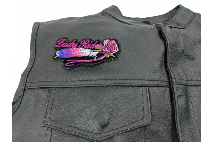 Lady Rider Pink Rose and Feathers Horizontal Small Patch, Biker Patches shown on leather vest