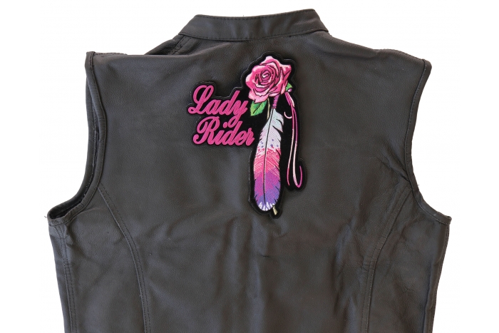 Lady Rider Rose and Feather Patch, Large Biker Back Patches for Leather Vests shown on leather vest