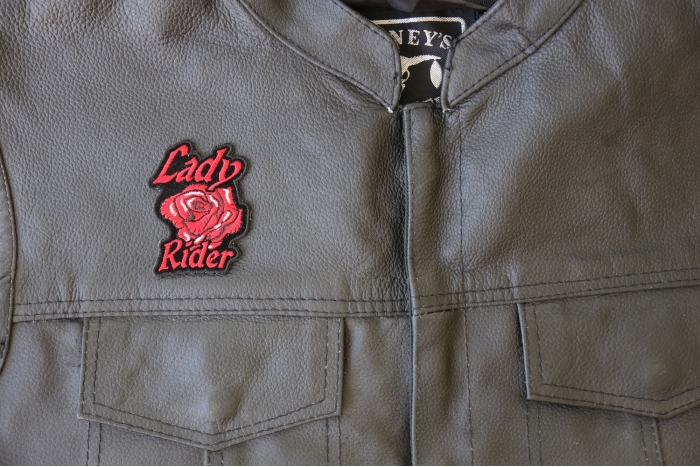 Lady Rider Red Rose Patch, Lady Biker Patches shown on leather vest
