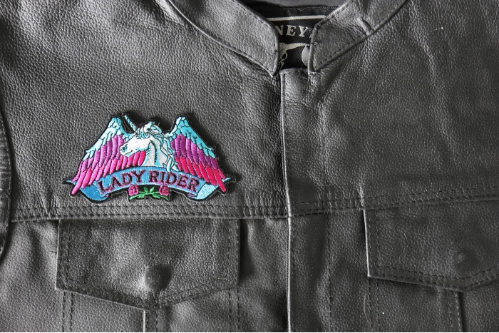 Lady Rider Unicorn Biker Patch, Biker Patches shown on leather vest