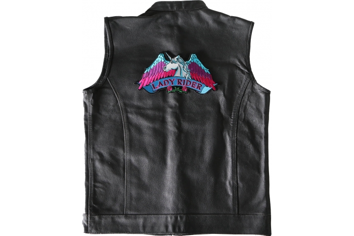 Lady Rider Unicorn Patch, Large Biker Back Patches for Leather Vests shown on leather vest