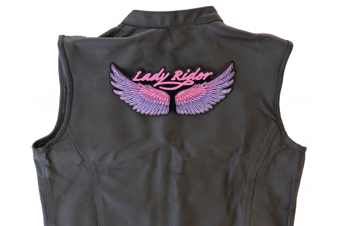 Lady Rider Wings Patch, Large Ladies Back Patches for Jackets shown on leather vest