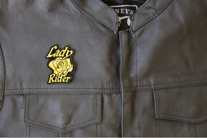 Lady Rider Yellow Rose Patch, Biker Patches shown on leather vest